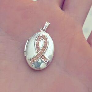 Vintage Memorial Locket Pink Rhinestone Breast Cancer Awareness Ribbon Silver